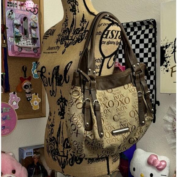 XOXO Monogram Jacquard Shoulder Bag Purse Brown Tan Trashy Y2k McBling Retro - Picture 3 of 10